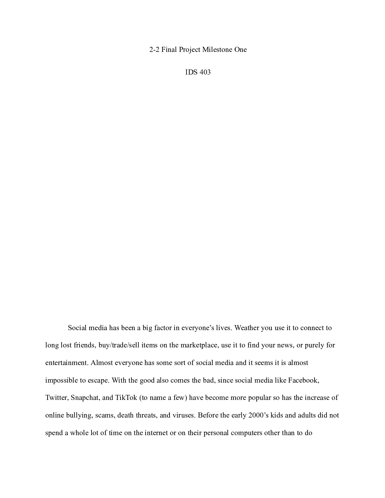Preview image for IDS 403 Final Project Milestone One|  2-2 Final Project Milestone One  IDS 403  Social